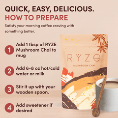 RYZE Mushroom Chai — Organic Instant Chai with Reishi & Organic Black Tea, 20 Servings W8