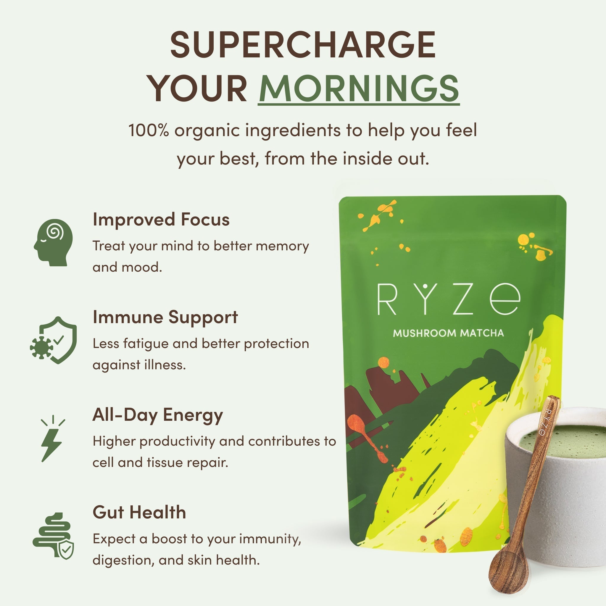 RYZE Mushroom Matcha — Organic Instant Matcha Latte with Lion's Mane & King Trumpet, 30 Servings F1