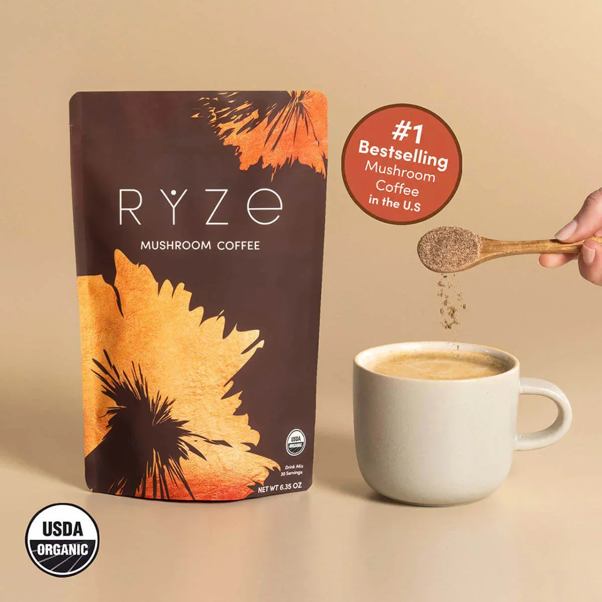 RYZE Mushroom Coffee — Organic Instant Coffee with Cordyceps & Reishi, 30 Servings V6
