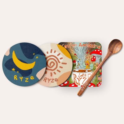Coasters + Mushroom Magnet + Acacia Spoon A4